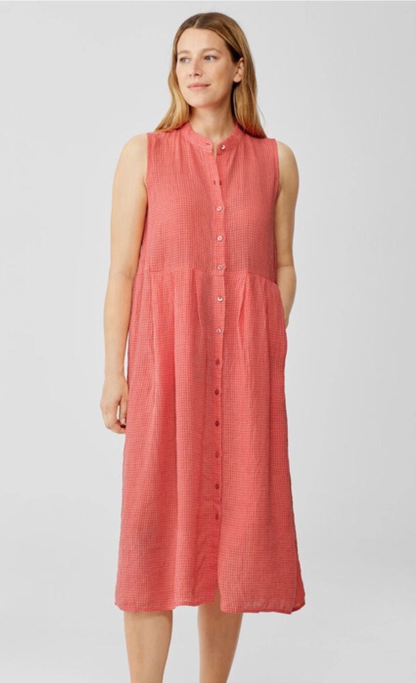 Eileen Fisher Organic Linen Gingham Check Pleated Shirt Dress Women's Petite M